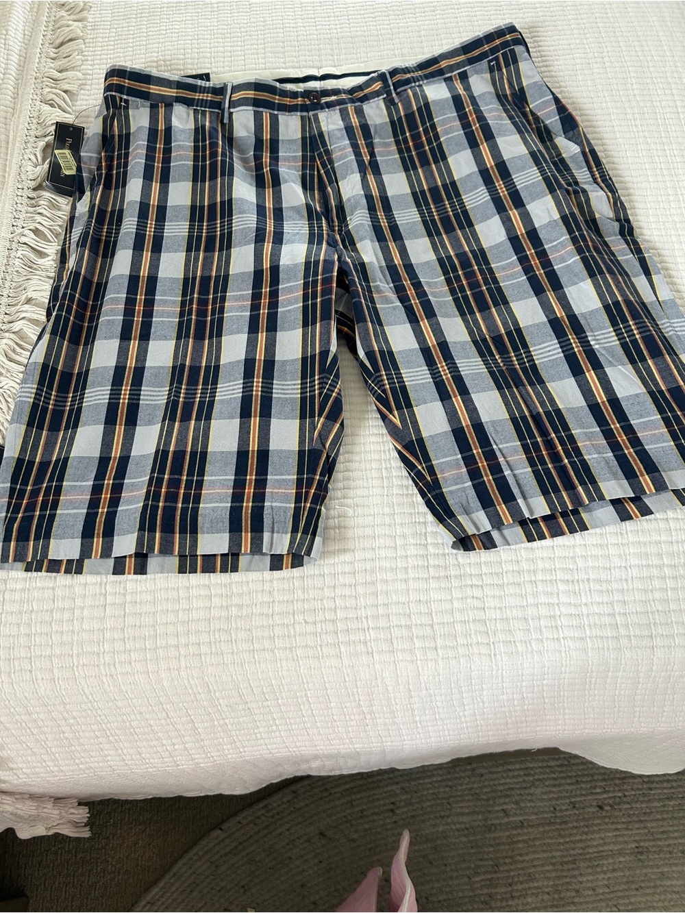 Ralph Lauren Plaid Flat-Front Shorts - Navy, White & Tan